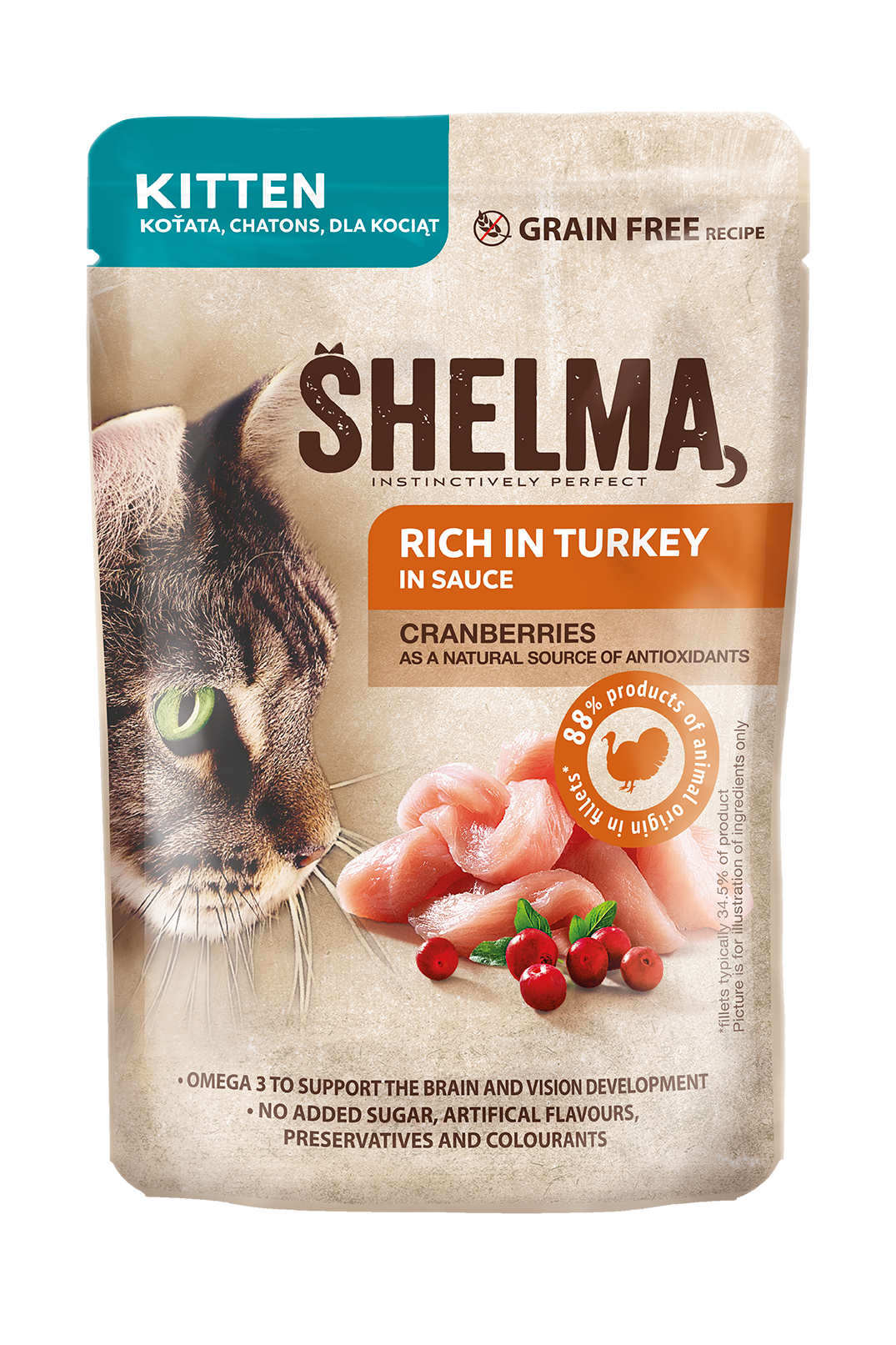 Shelma gotowane na parze fileciki dla kociąt. Bogate w indyka z żurawiną w sosie